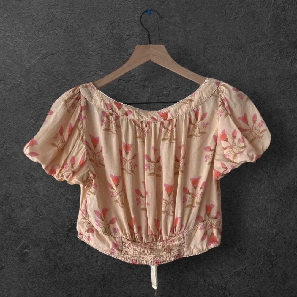 Free People Easy to Love Ivory Puff Sleeve Floral Crop Top Size XS